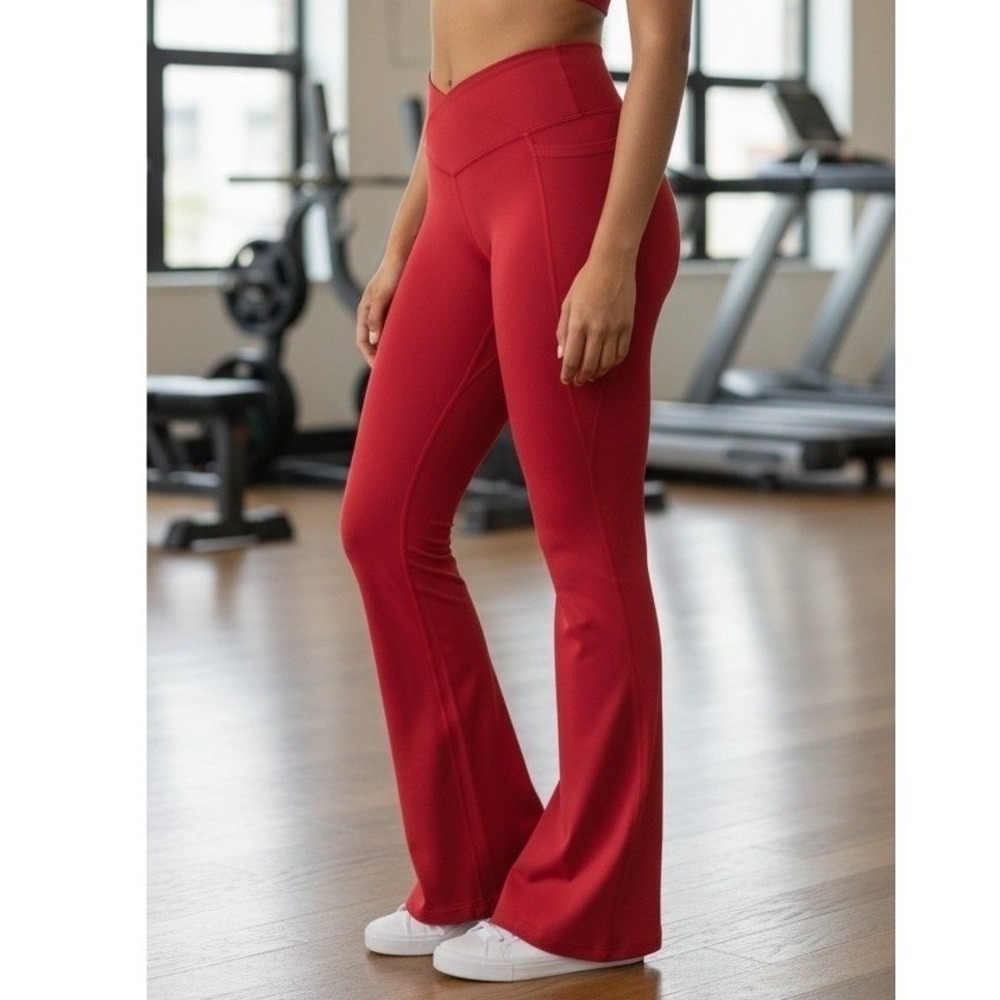 Fabletics Oasis PureLuxe Flare Pants Womens XXS Red Crossover High Waist Yoga